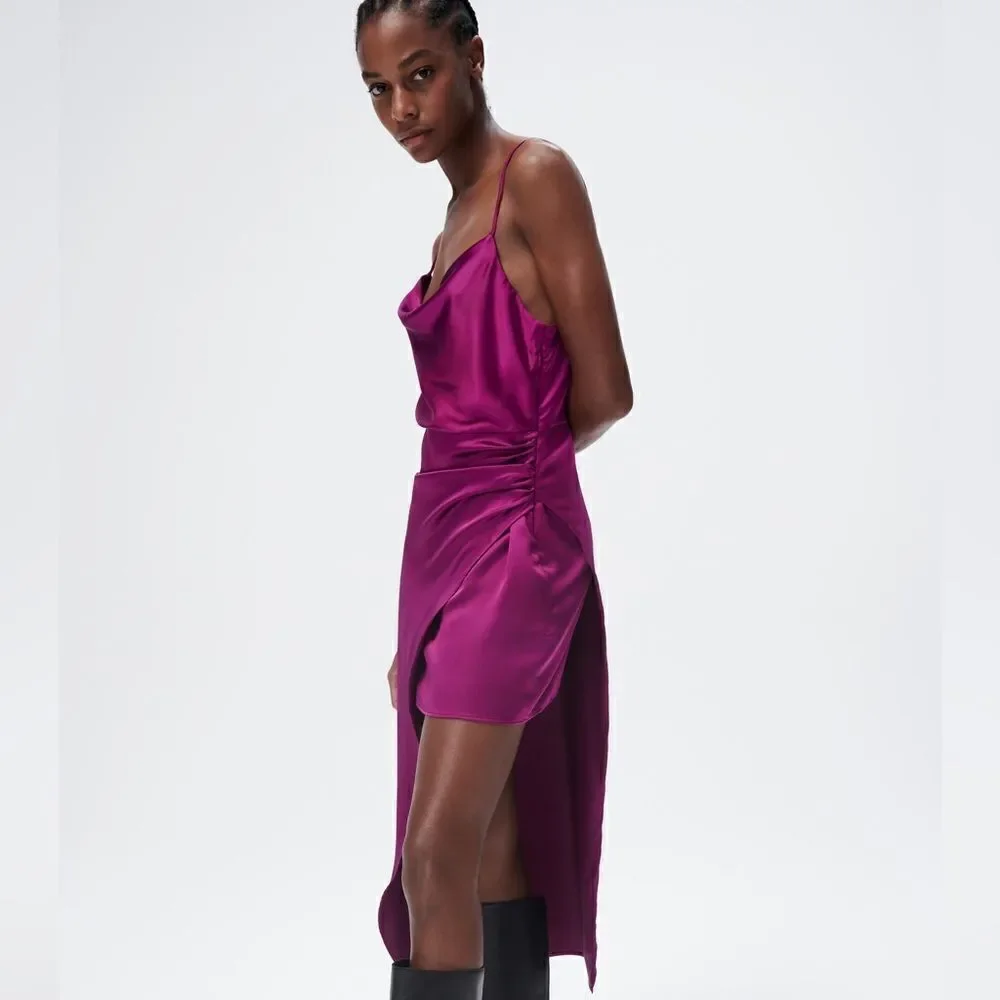 Zara SATIN EFFECT ASYMMETRIC DRESS New - Picture 6 of 12